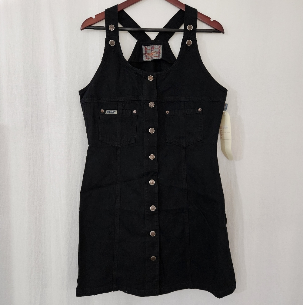 Vintage Revolt Scoop Neck Button Front Denim Mini Dress in Charcoal Black Size L